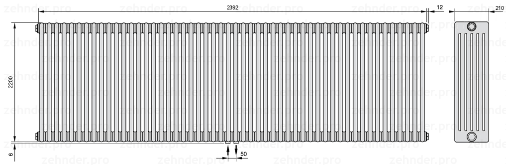 Схема (чертеж) Радиатор Zehnder Charleston 6220/52 №3470 Белый глянцевый RAL 9016